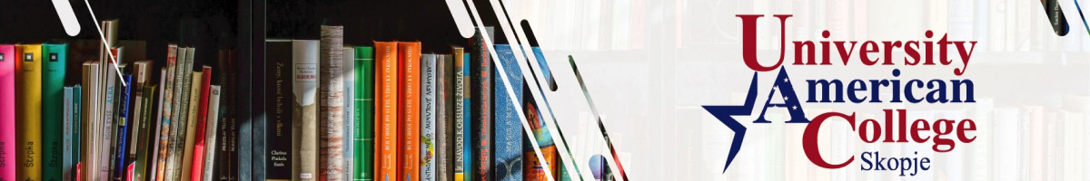 Books on a shelf with the University American College Skopje logo on the right.