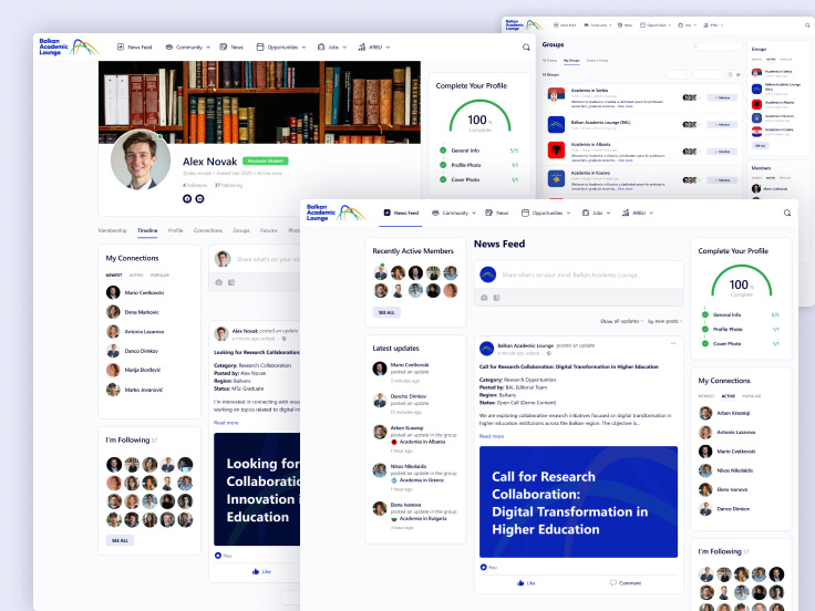 User interface screenshots of an online professional networking platform, showing a profile page and a news feed with posts, contacts, and profile completion status.