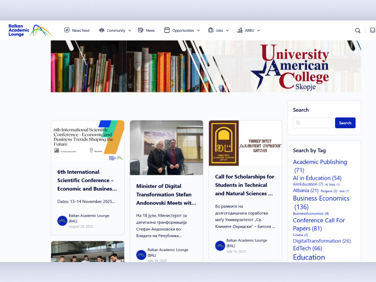 Screenshot of a website featuring news and events, including a banner for University American College Skopje, a search bar, and a list of categories and articles.