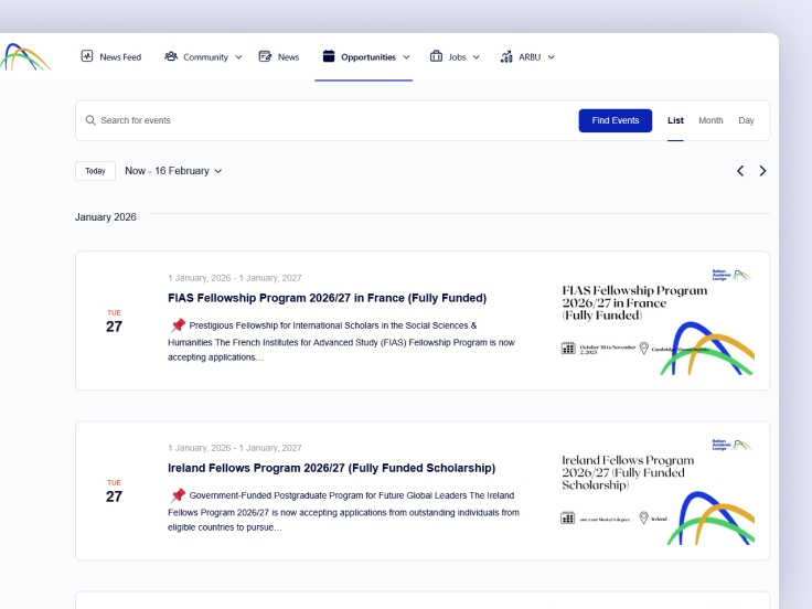Screenshot of a webpage listing fellowship opportunities for 2026, including FIAS and Ireland Fellows Program, both fully funded, with event details and application status.